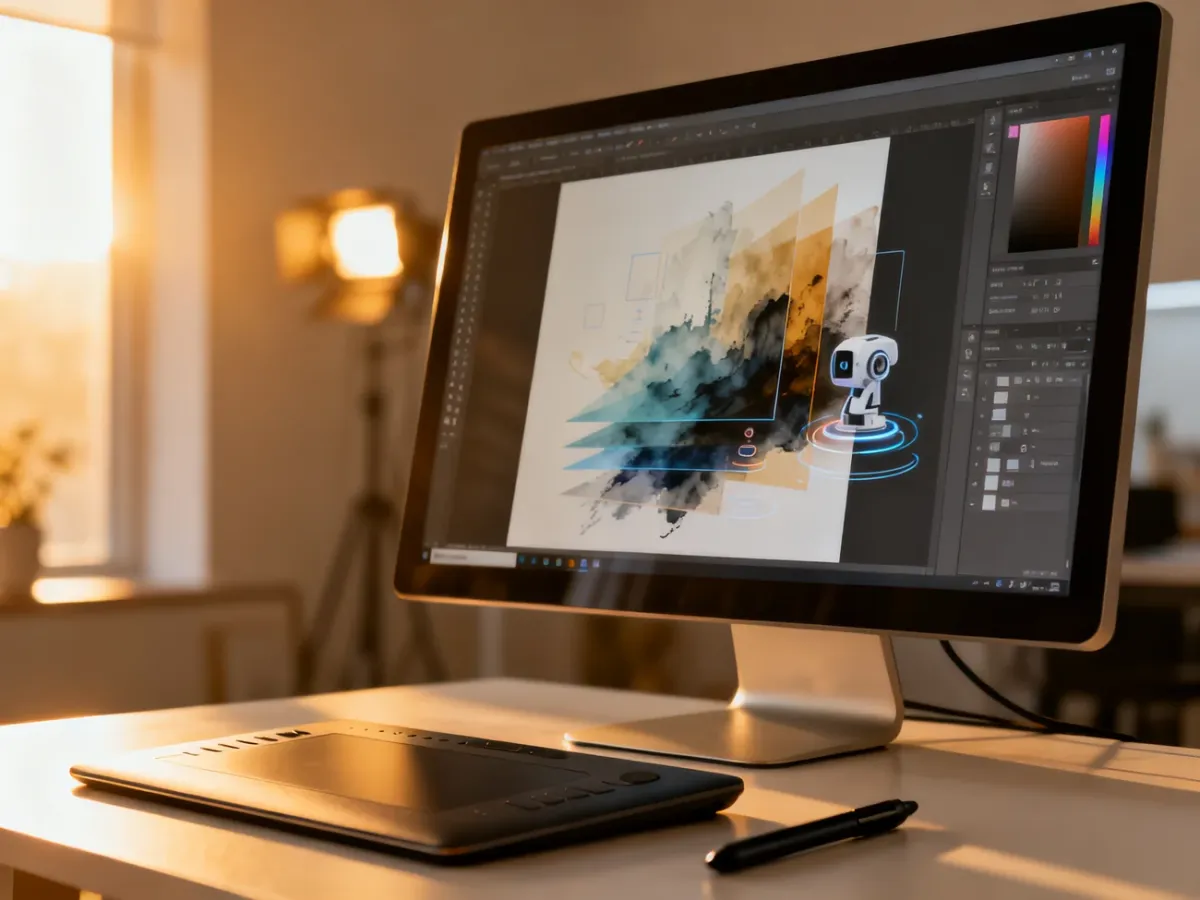 Nowoczesne stanowisko grafika z monitorem wyświetlającym interfejs Photopea oraz tablet graficzny w świetle poranka.