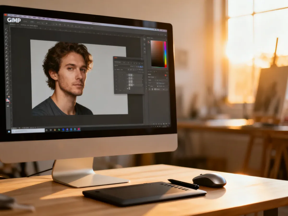 Stanowisko pracy z otwartym programem GIMP na monitorze, przygotowane do edycji grafiki i usuwania tła.