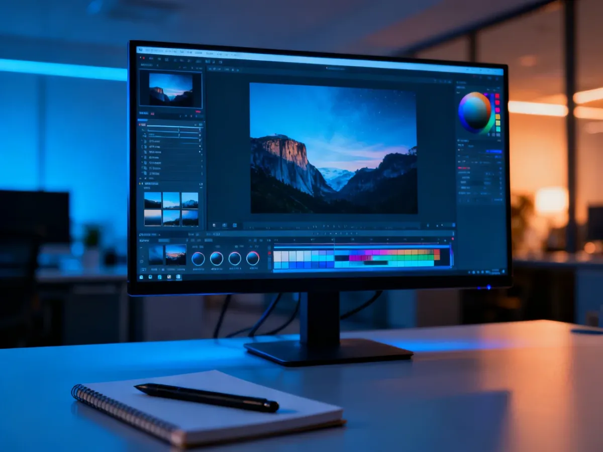 Interfejs programu Photopea na monitorze komputera w nowoczesnym biurze, prezentujący zaawansowane narzędzia do edycji zdjęć.
