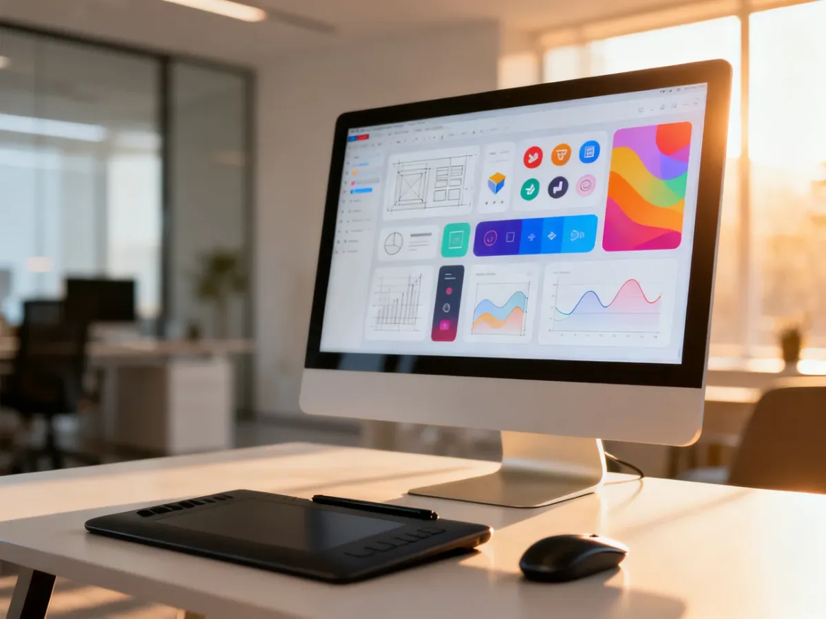 Nowoczesne stanowisko pracy projektanta UI/UX z monitorem wyświetlającym interfejsy i tabletem graficznym na biurku.