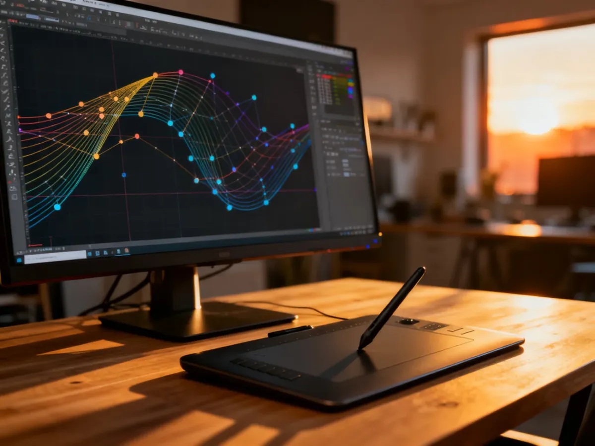 Stanowisko grafika z monitorem wyświetlającym projekt wektorowy w programie Inkscape oraz tabletem graficznym na biurku.