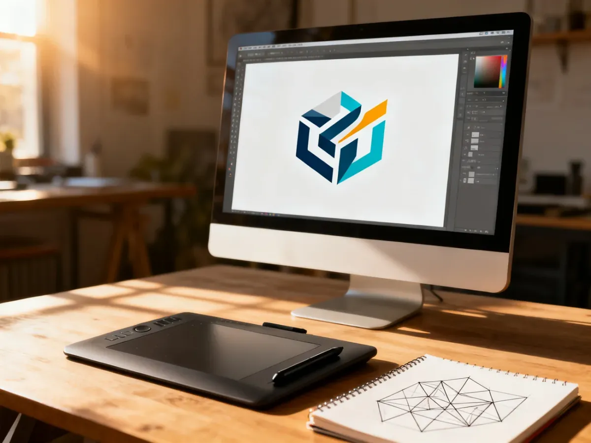 Stanowisko pracy grafika z monitorem wyświetlającym projekt logo oraz tabletem graficznym w słonecznym studio.