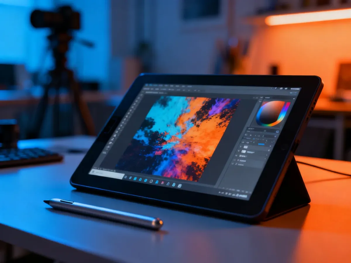 Profesjonalne stanowisko pracy grafika z tabletem graficznym podczas zaawansowanej edycji zdjęć w programie Photoshop.