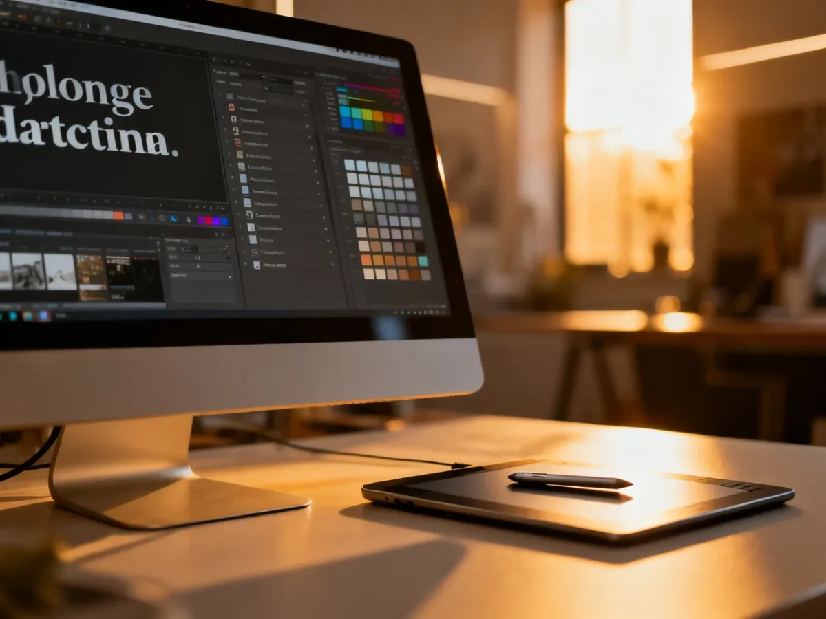 Stanowisko grafika z monitorem wyświetlającym menu wyboru czcionek w programie do projektowania wektorowego.