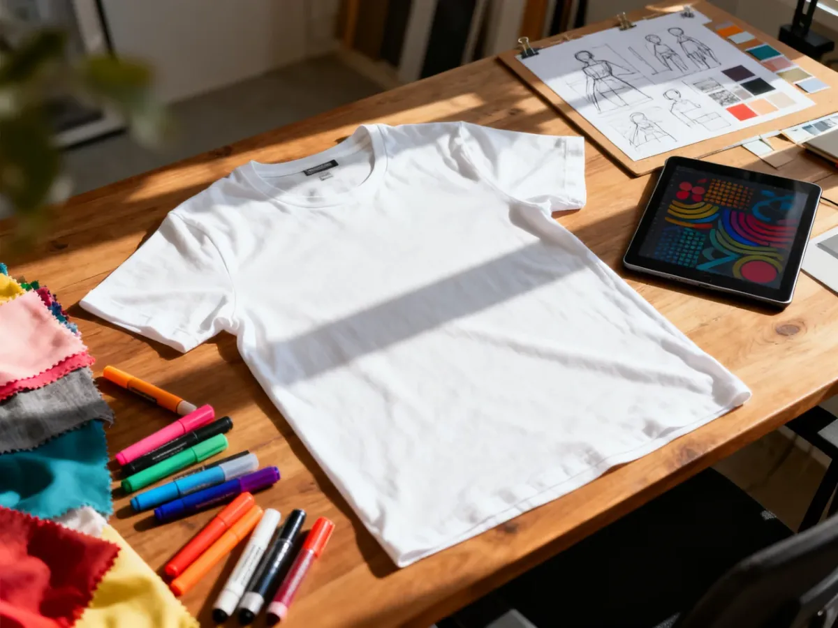 Stanowisko pracy projektanta z białą koszulką, przyborami do rysowania i tabletem graficznym, gotowe do tworzenia wzorów.