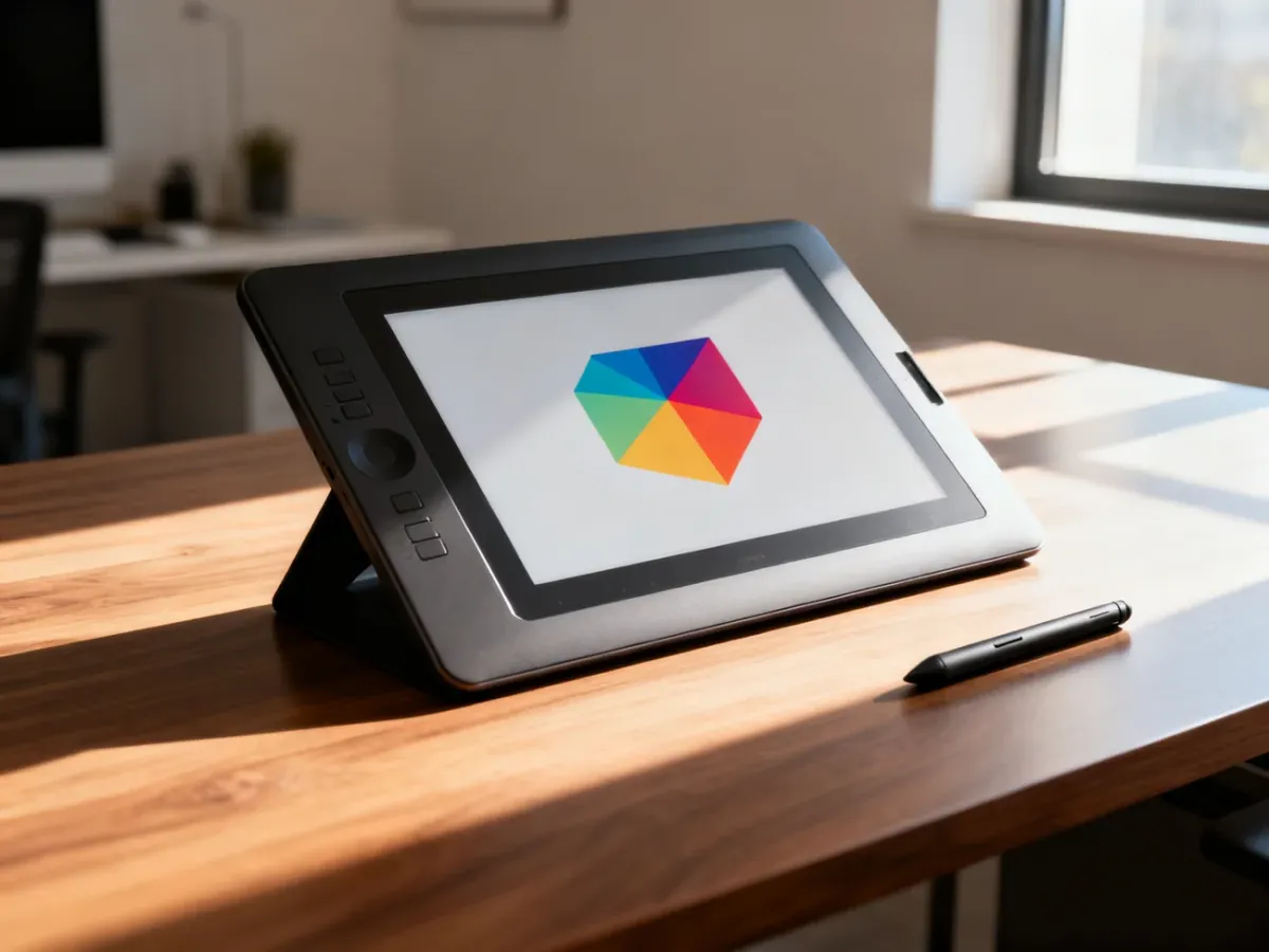 Stanowisko pracy z tabletem graficznym i minimalistyczną grafiką wektorową na ekranie, idealne do nauki Adobe Illustrator.