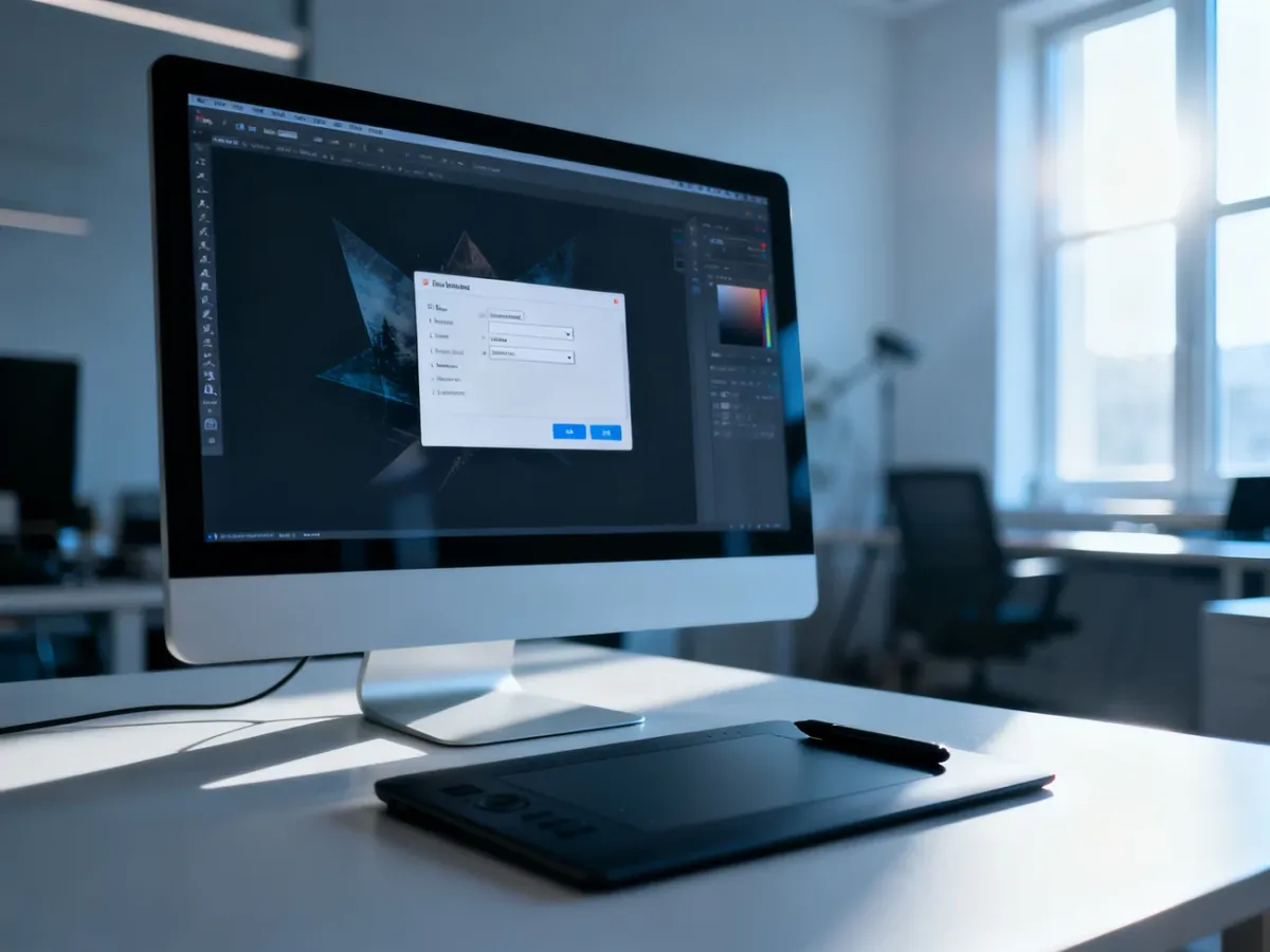 Minimalistyczne stanowisko pracy grafika z otwartym oknem zapisu pliku w programie Photoshop na monitorze.