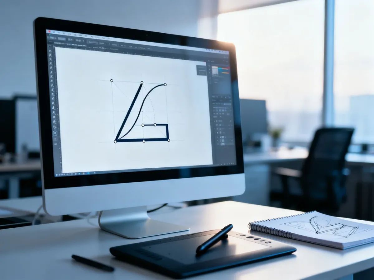 Stanowisko pracy grafika z monitorem wyświetlającym proces tworzenia minimalistycznego logo w programie wektorowym.