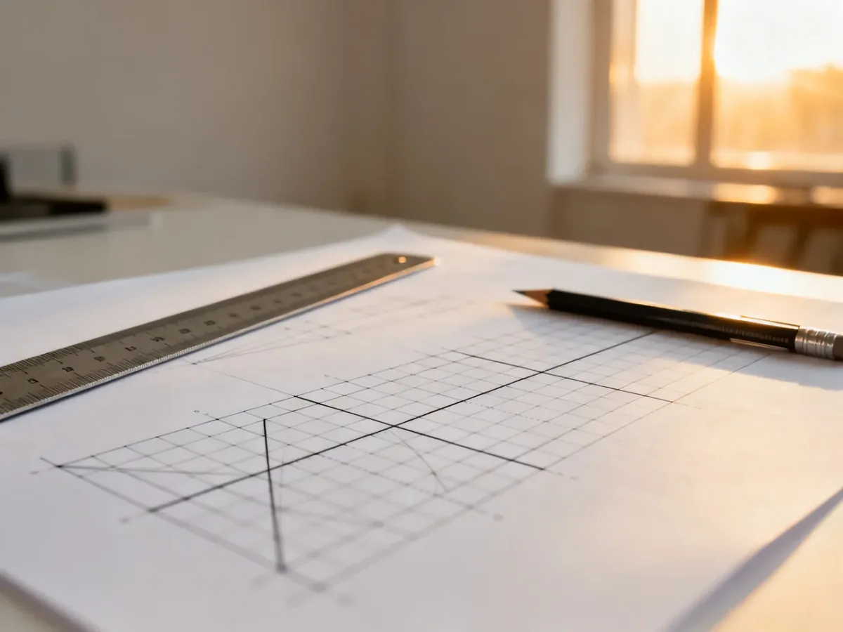 Profesjonalny projektant używa linijki i ołówka na papierze z naniesioną siatką geometryczną, ilustrując zasady projektowania.
