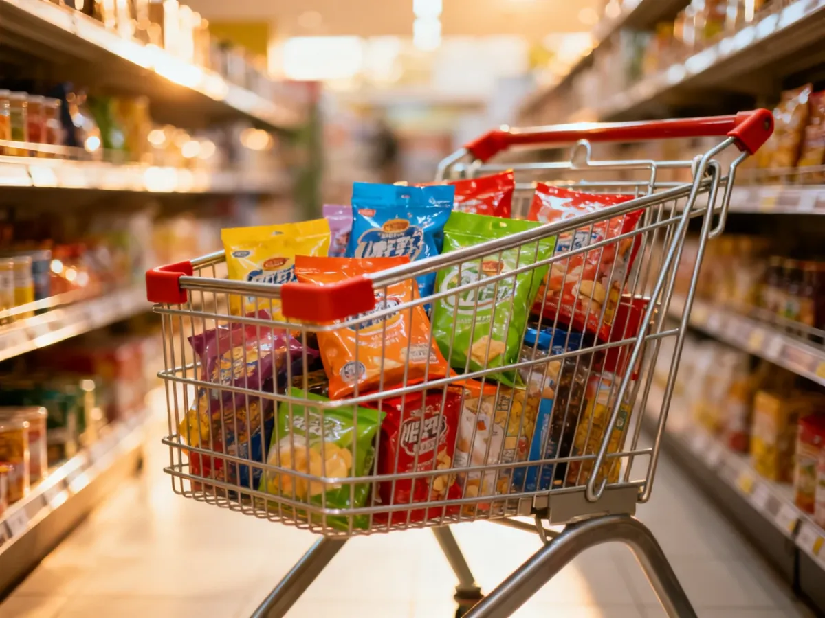 Wózek sklepowy wypełniony różnorodnymi produktami w jasnej alejce sklepowej, ilustrujący proces zakupowy.