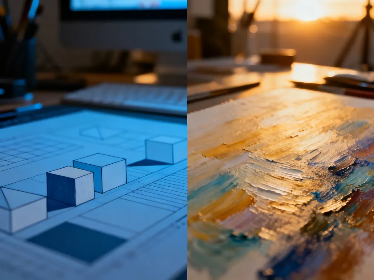 Porównanie grafiki wektorowej z rastrową: geometryczne kształty po lewej i szczegółowy obraz malarski po prawej.