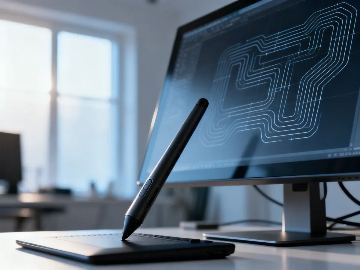 Pióro tabletu graficznego nad ekranem z widocznymi ścieżkami wektorowymi w programie do edycji grafiki.