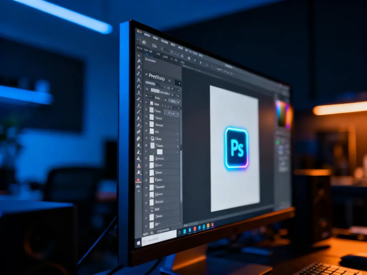 Monitor komputera z otwartym interfejsem Adobe Photoshop, prezentujący panel warstw z wyróżnioną ikoną obiektu inteligentnego.