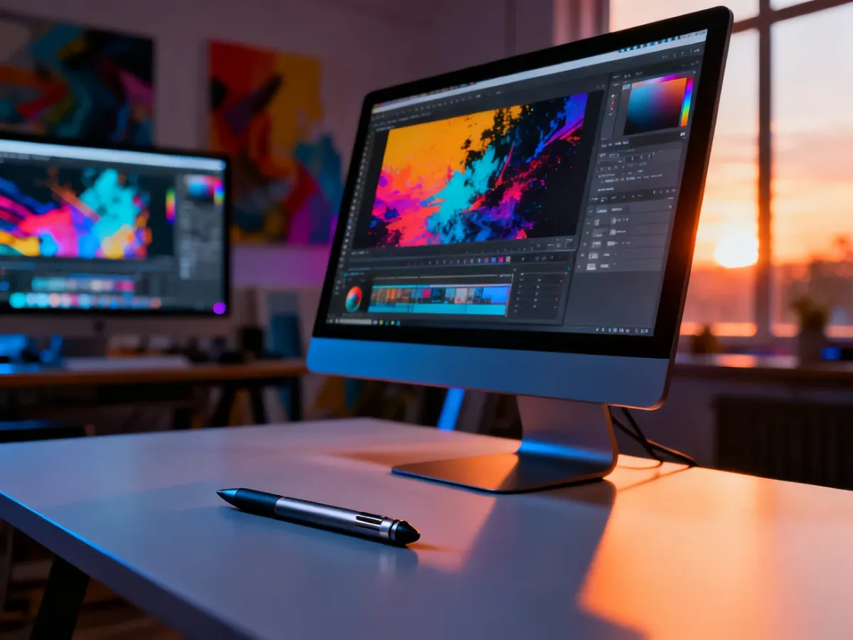 Porównanie interfejsu graficznego Affinity Photo 2 i 1 na ekranie monitora z profesjonalnym rysikiem na biurku.
