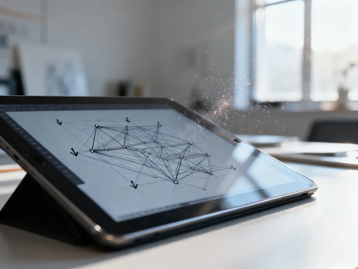 Tablet graficzny z wyświetlonym szkicem wektorowym z widocznymi punktami kontrolnymi w nowoczesnym studiu projektowym.