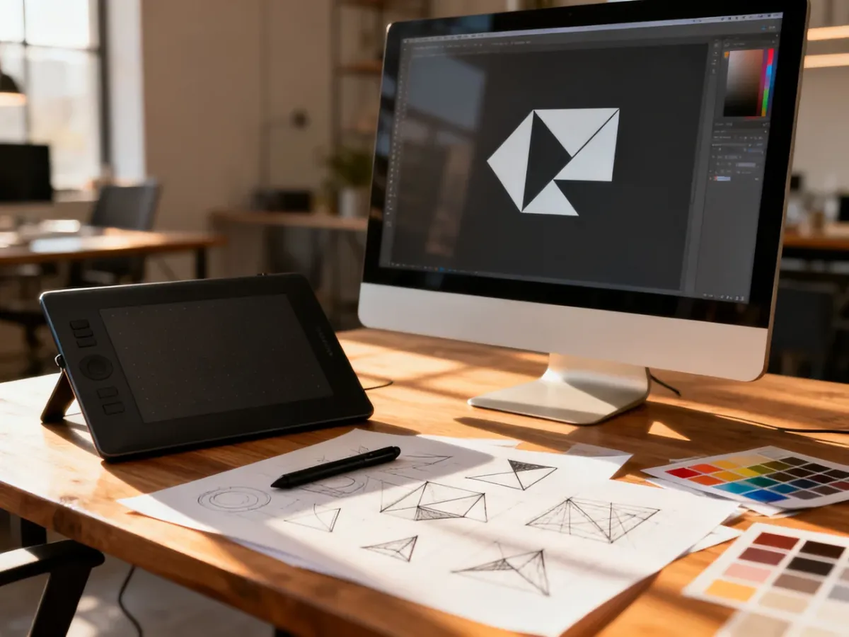 Minimalistyczne stanowisko pracy grafika z tabletem i monitorem, na którym powstaje projekt nowoczesnego logo.