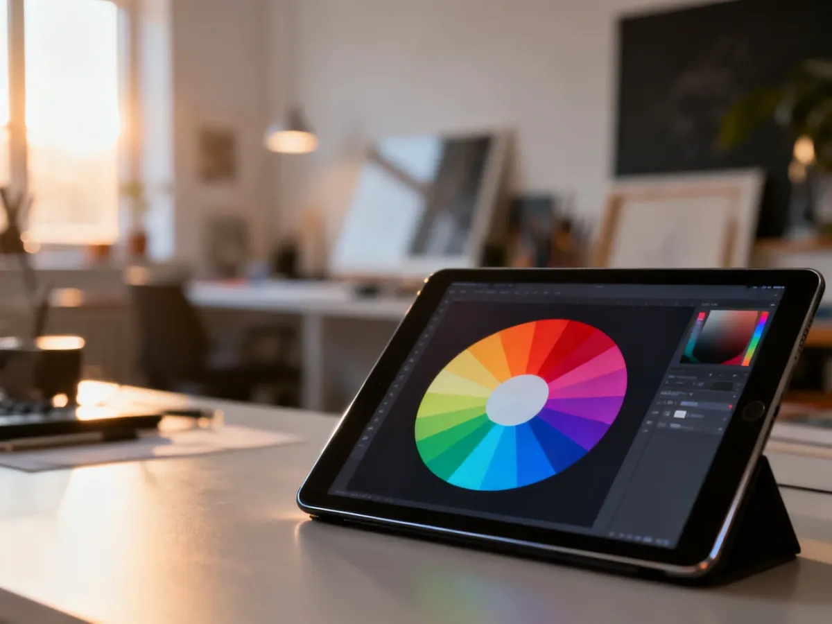 Cyfrowe koło barw wyświetlone na tablecie graficznym w nowoczesnym studio, gotowe do pracy w programie Photoshop.
