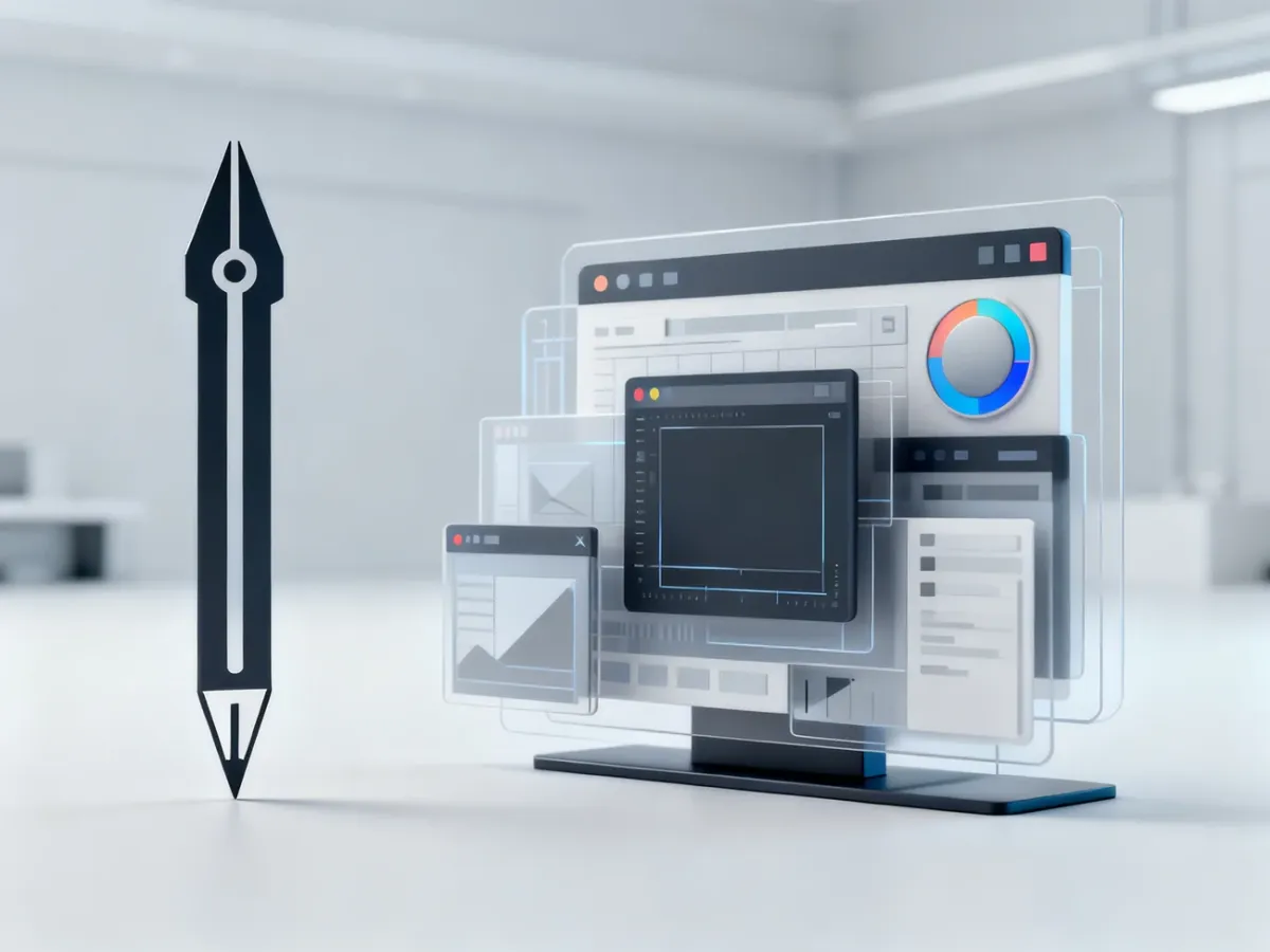 Minimalistyczna ilustracja 3D przedstawiająca zestawienie narzędzi wektorowych, symbolizująca porównanie programów graficznych.