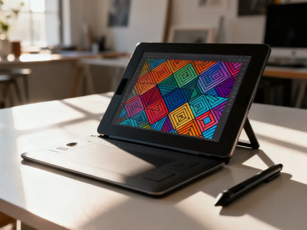Ekran tabletu graficznego z kolorowym wzorem geometrycznym w nowoczesnym studiu projektowym.