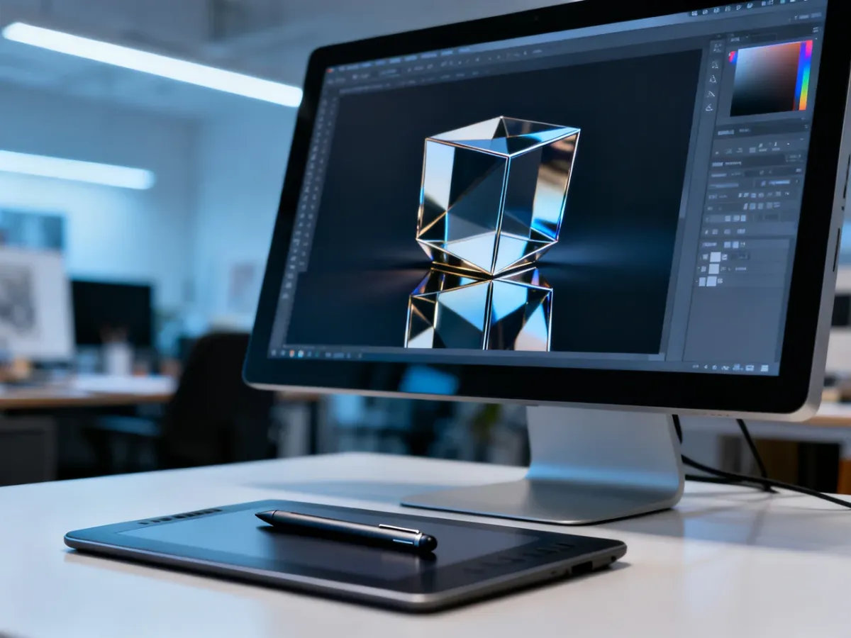 Ekran komputera z programem graficznym prezentujący efekt lustrzanego odbicia na obiekcie geometrycznym.