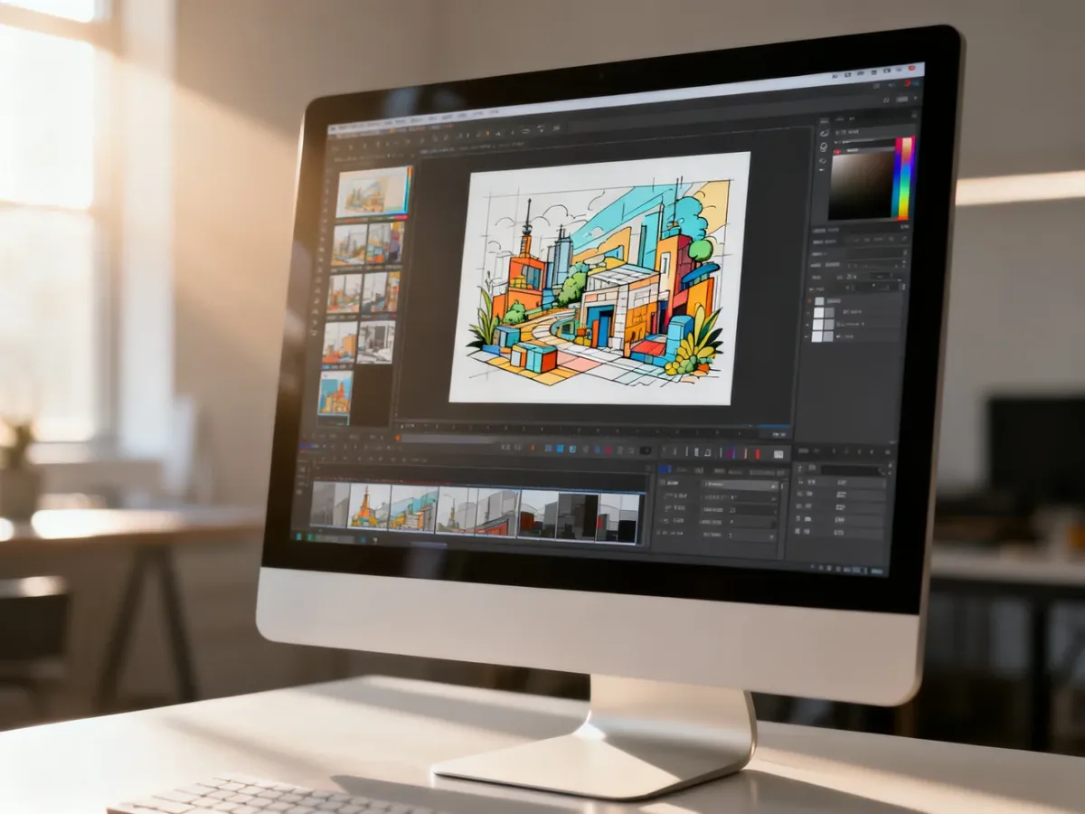 Interfejs programu Photopea z otwartym projektem graficznym na monitorze w nowoczesnym biurze.