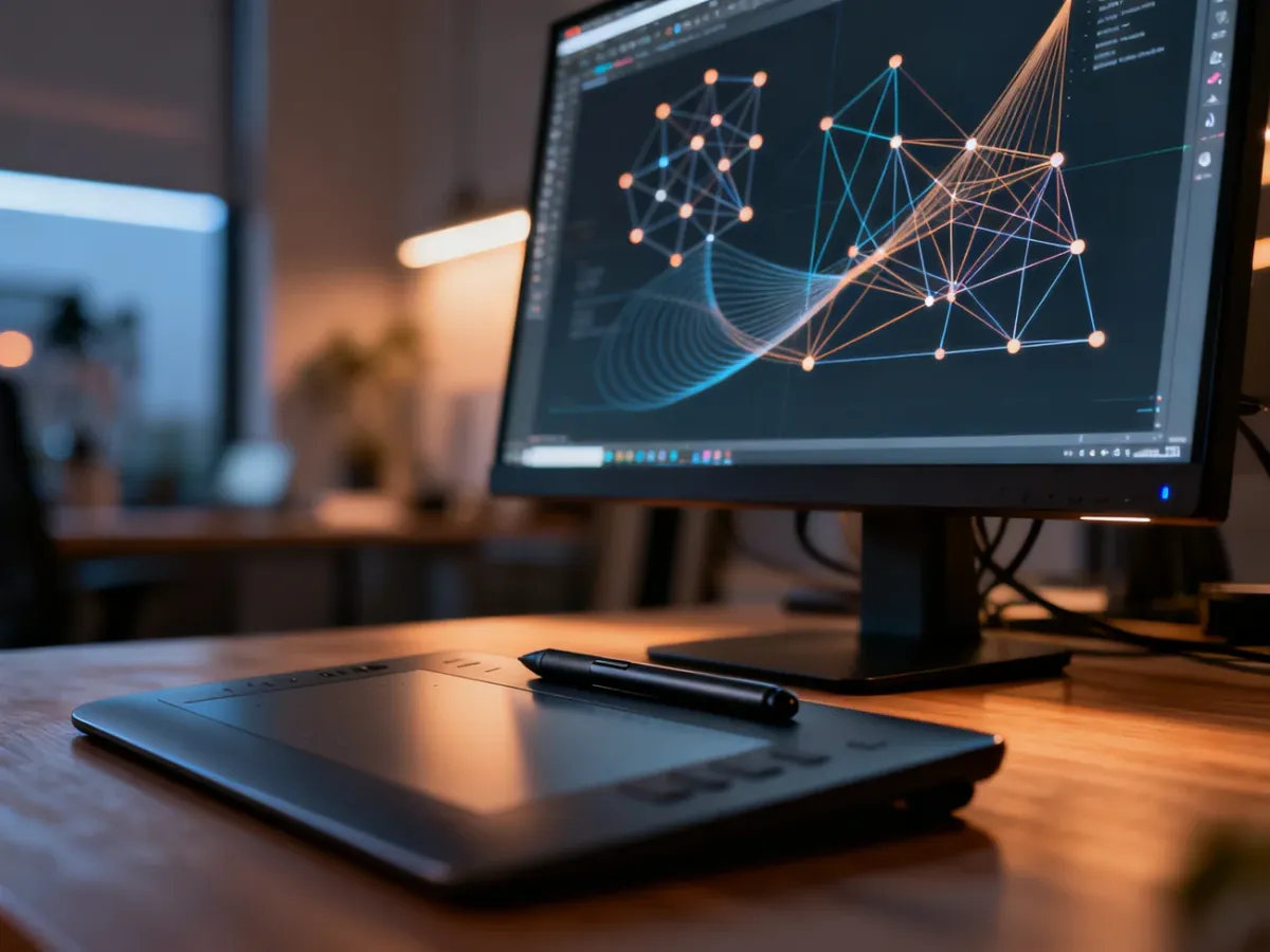 Stanowisko grafika z monitorem wyświetlającym krzywe Beziera i węzły wektorowe, ilustrujące pracę w programie Inkscape.