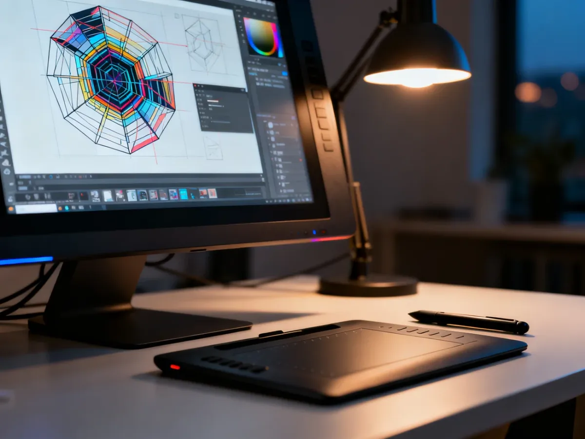 Ekran komputera z procesem wektoryzacji grafiki oraz tablet graficzny na biurku w nowoczesnym studiu projektowym.