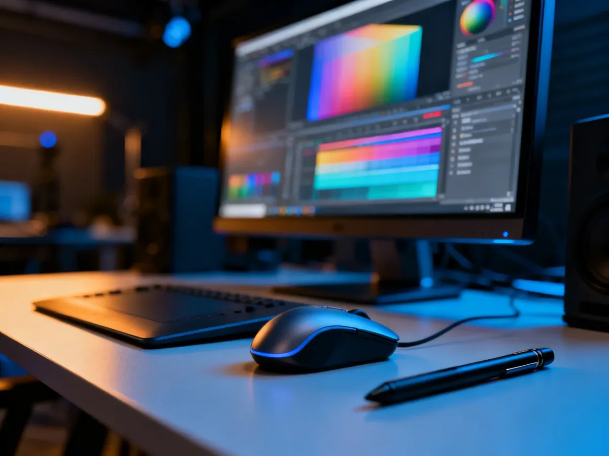 Nowoczesne stanowisko pracy grafika z tabletem i monitorem wyświetlającym interfejs programu do obróbki zdjęć.