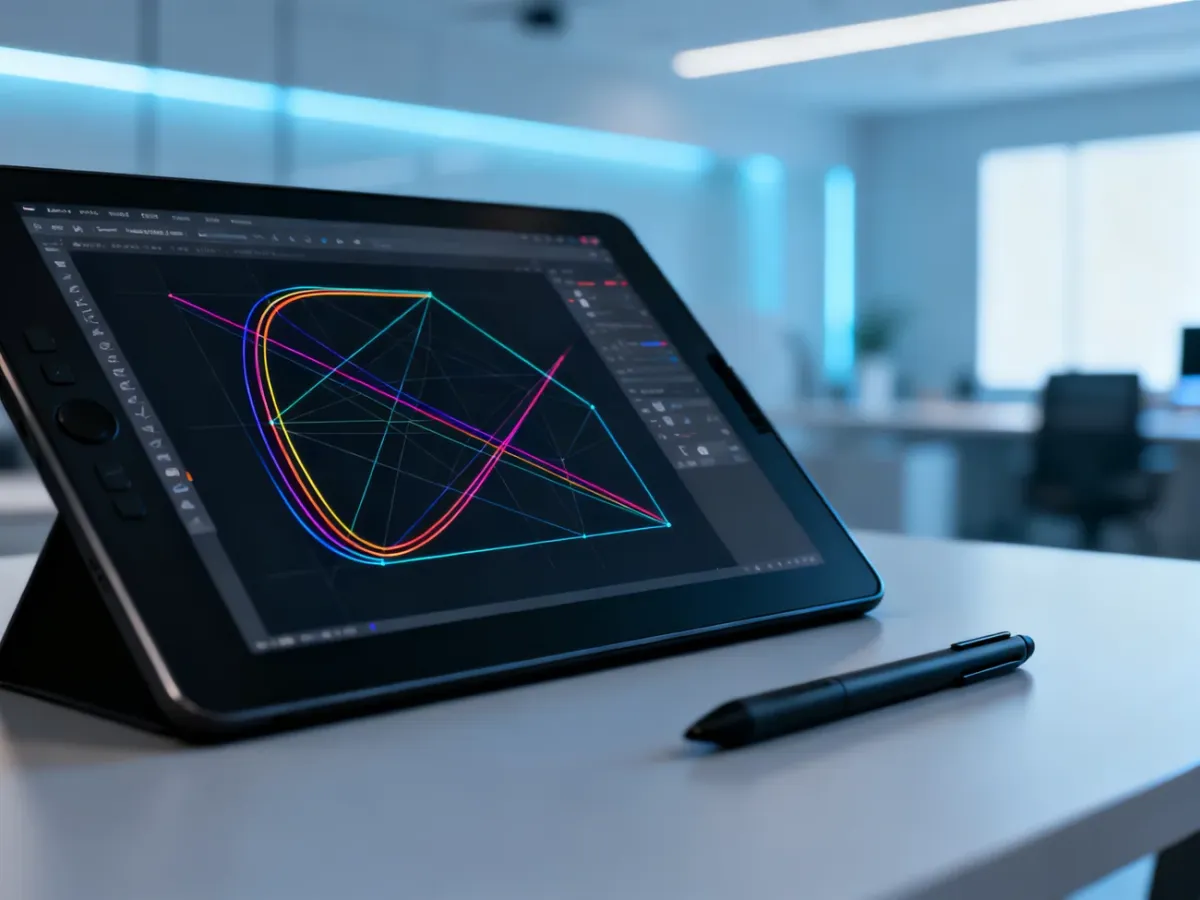 Tablet graficzny z wyświetlonymi ścieżkami wektorowymi i krzywymi Beziera w nowoczesnym studiu projektowym.