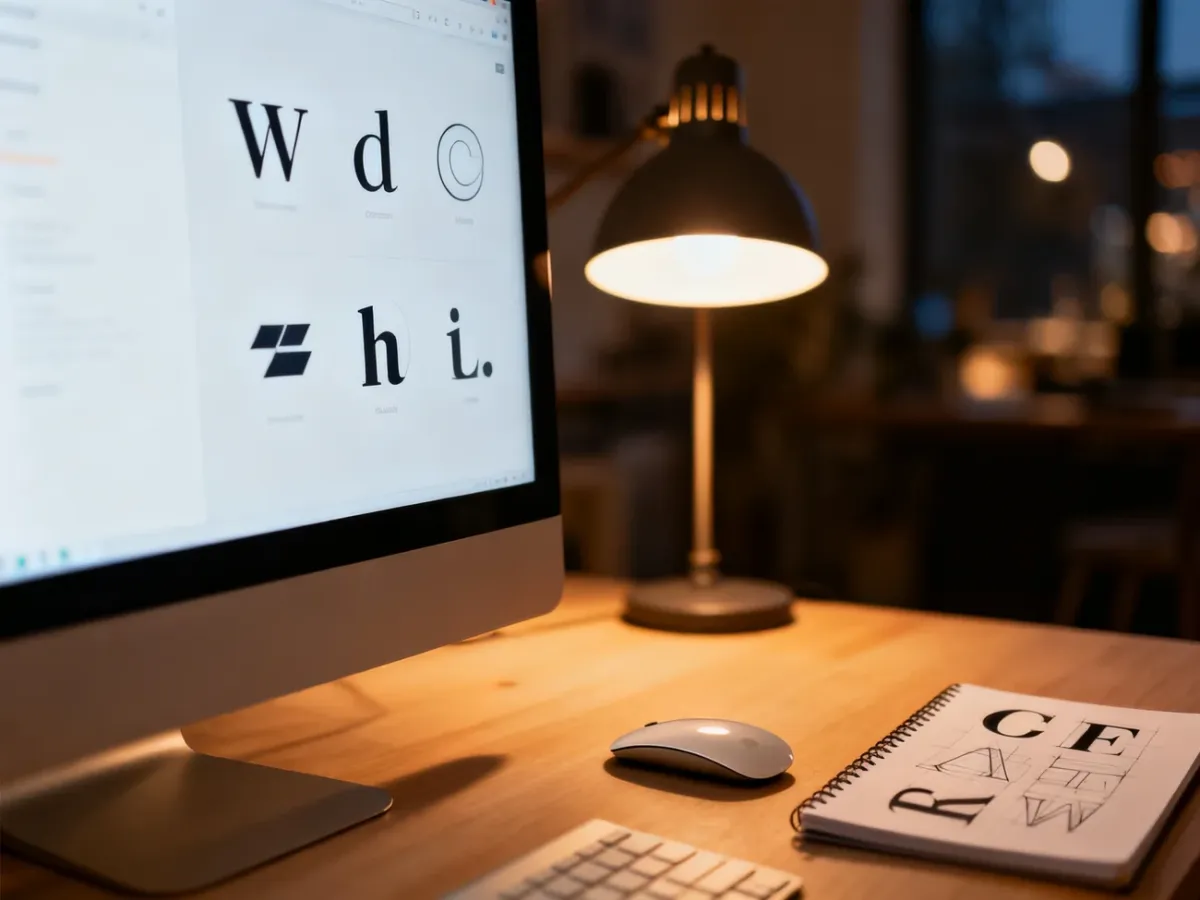 Monitor wyświetlający interfejs z różnymi krojami pisma na biurku projektanta, ilustrujący proces wyboru czcionek w programie.
