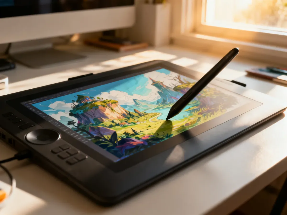 Tablet graficzny z niedokończoną ilustracją fantasy w przytulnym, słonecznym miejscu pracy.
