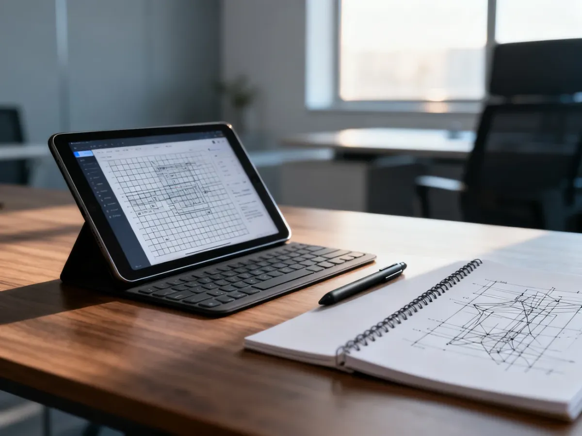 Profesjonalne stanowisko pracy projektanta z tabletem wyświetlającym siatkę układu UI oraz szkicami wireframe na biurku.