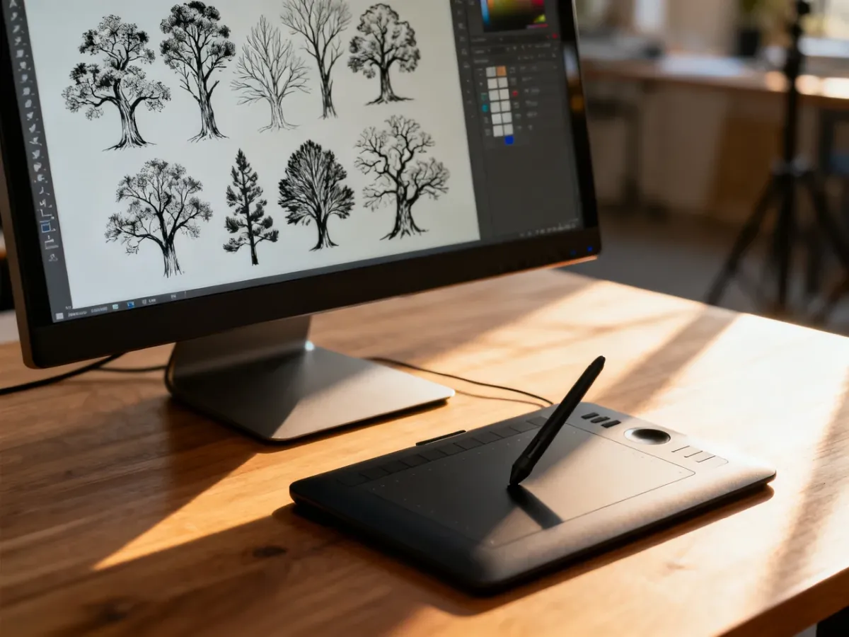 Stanowisko pracy grafika z tabletem i ekranem, na którym widoczne są pędzle w kształcie drzew w programie do edycji.