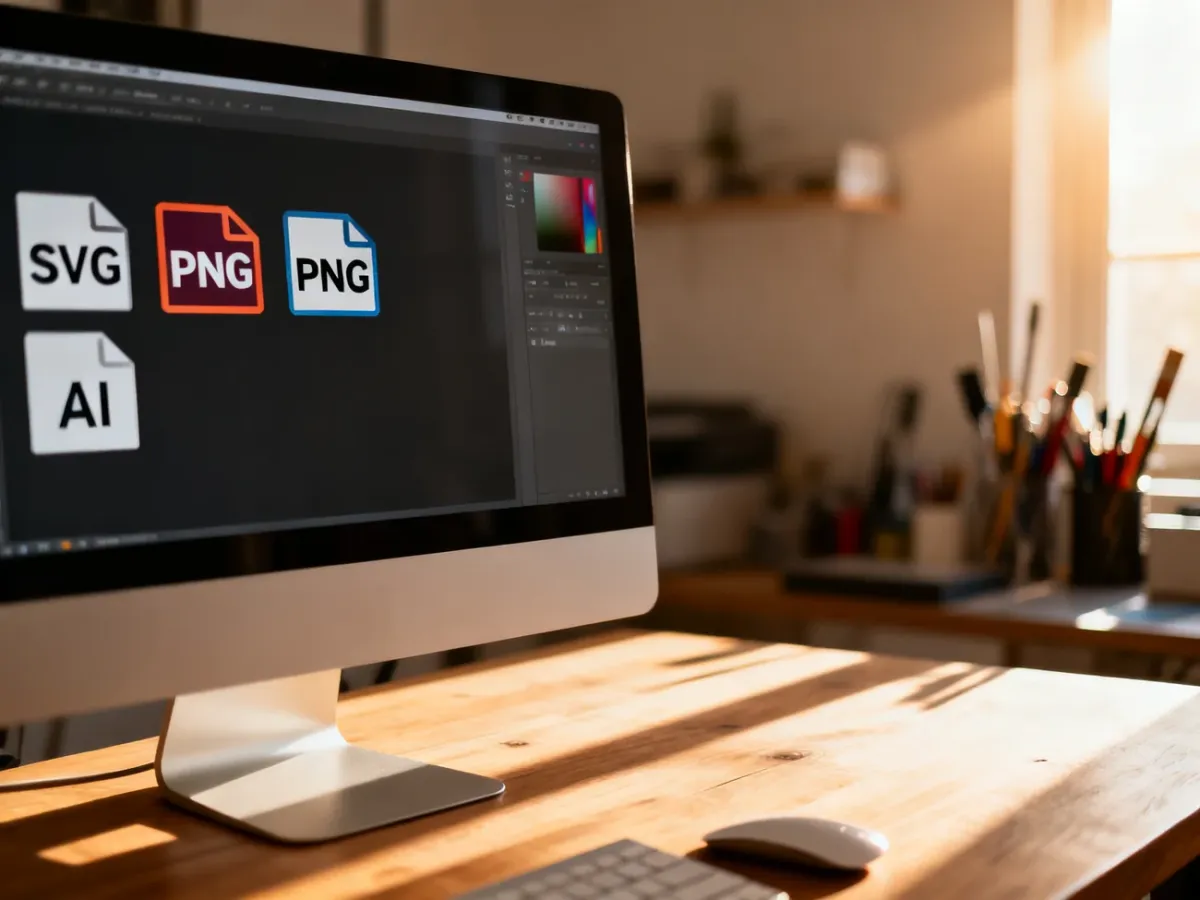 Stanowisko grafika z monitorem wyświetlającym ikony formatów plików, takich jak SVG, PNG i AI, na drewnianym biurku.