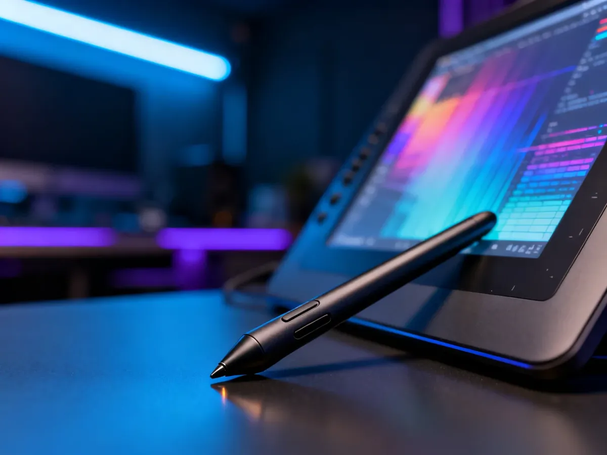Pióro tabletu graficznego na biurku obok monitora z wyświetlonym spektrum kolorów w profesjonalnym studiu.