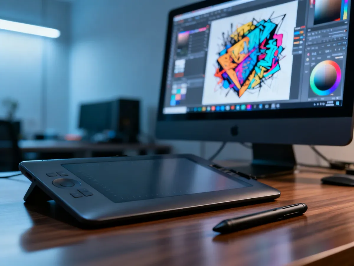 Nowoczesne stanowisko grafika z tabletem piórkowym i monitorem wyświetlającym zaawansowany projekt w programie graficznym.