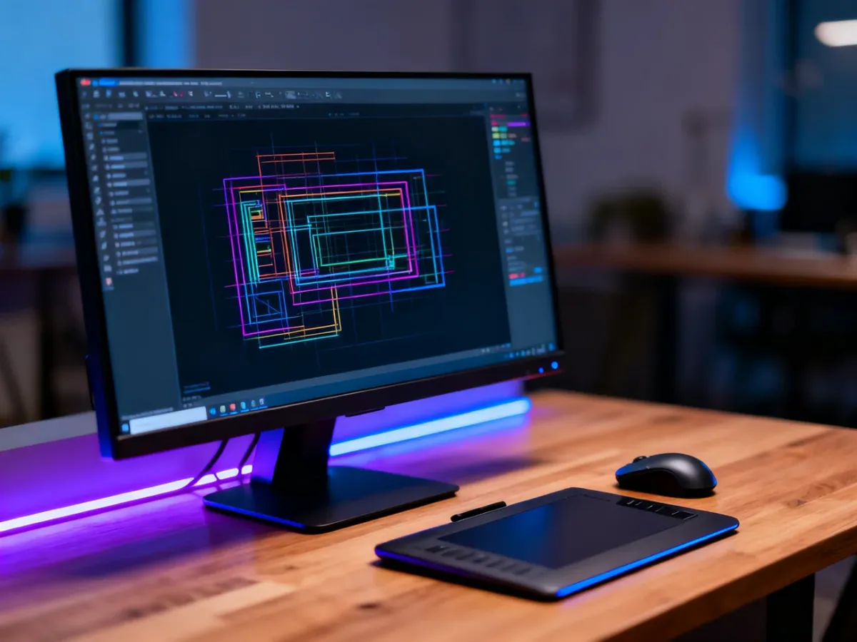 Nowoczesne stanowisko pracy projektanta UI z monitorem wyświetlającym projekt interfejsu oraz tabletem graficznym na biurku.