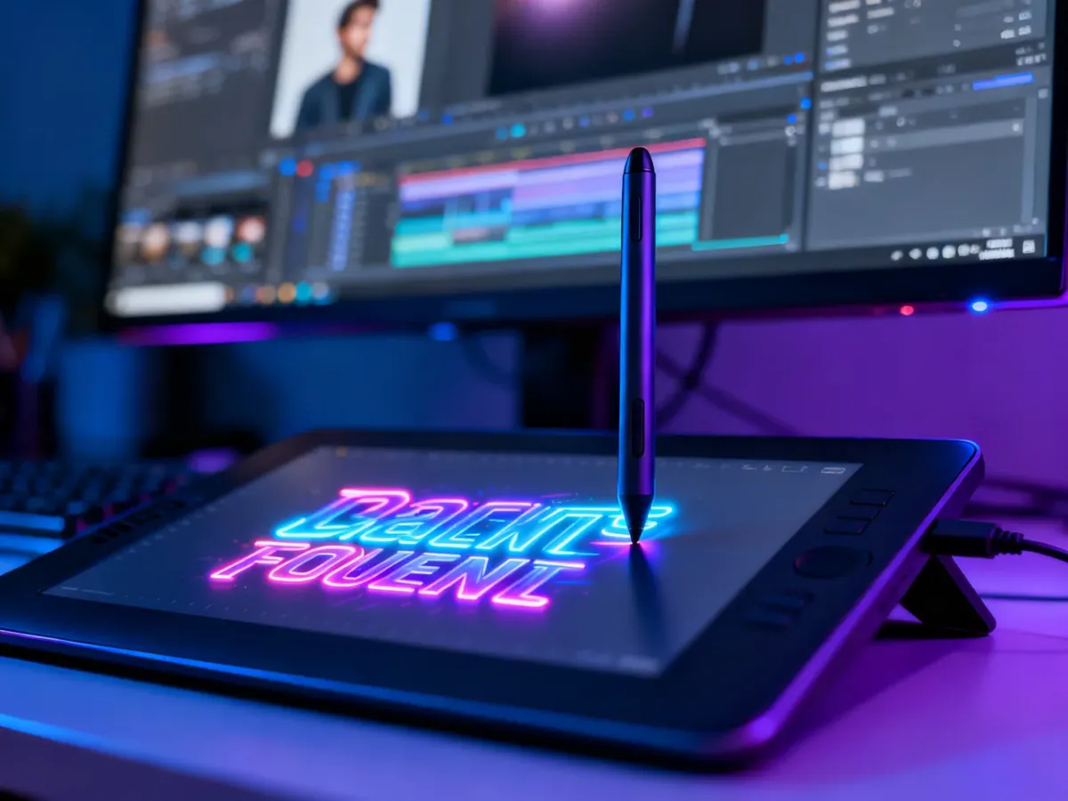 Graficzny tablet z neonowym napisem i rysikiem na biurku, ilustrujący proces tworzenia efektów tekstowych w Photoshopie.