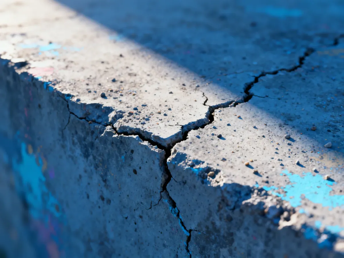 Zbliżenie na szorstką, spękaną powierzchnię betonu z odpryskami farby, ukazujące detale tekstury do wykorzystania w projektach.