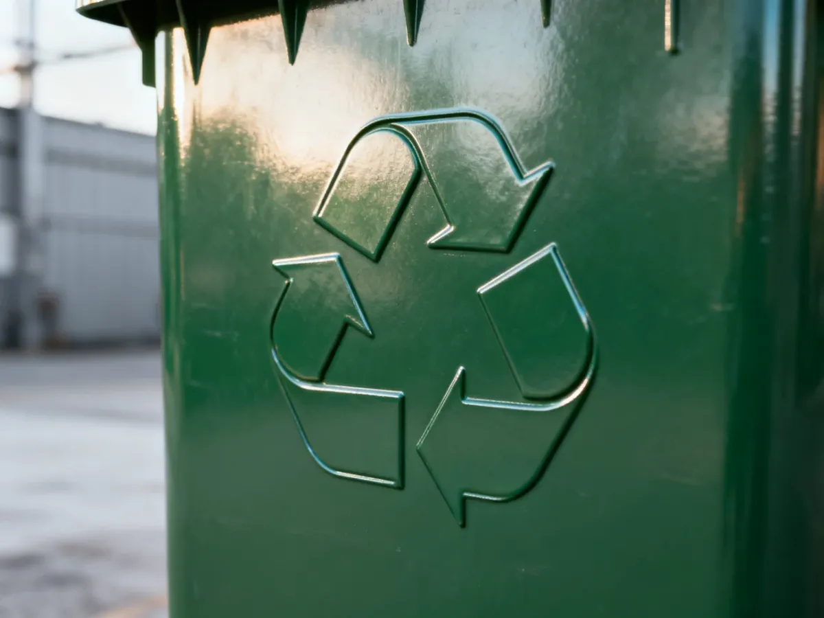Minimalistyczny symbol recyklingu wytłoczony na metalicznej, zielonej powierzchni, reprezentujący gospodarkę obiegu zamkniętego.