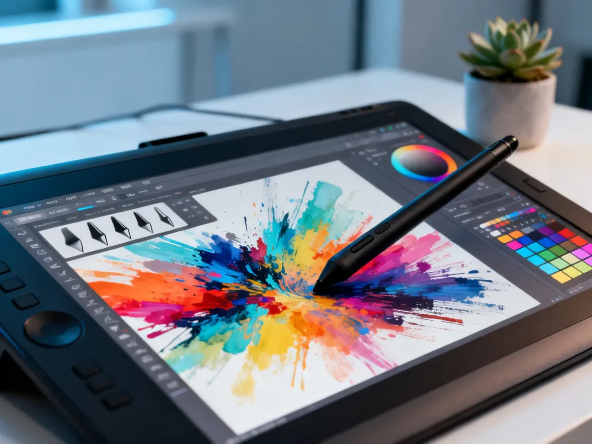 Profesjonalny tablet graficzny z rysikiem i otwartym programem Krita podczas tworzenia barwnej ilustracji cyfrowej.