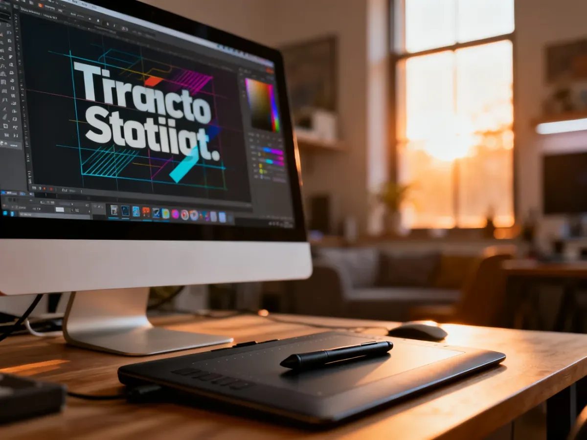 Stanowisko pracy grafika z monitorem wyświetlającym ustawienia typografii w programie do projektowania wektorowego.