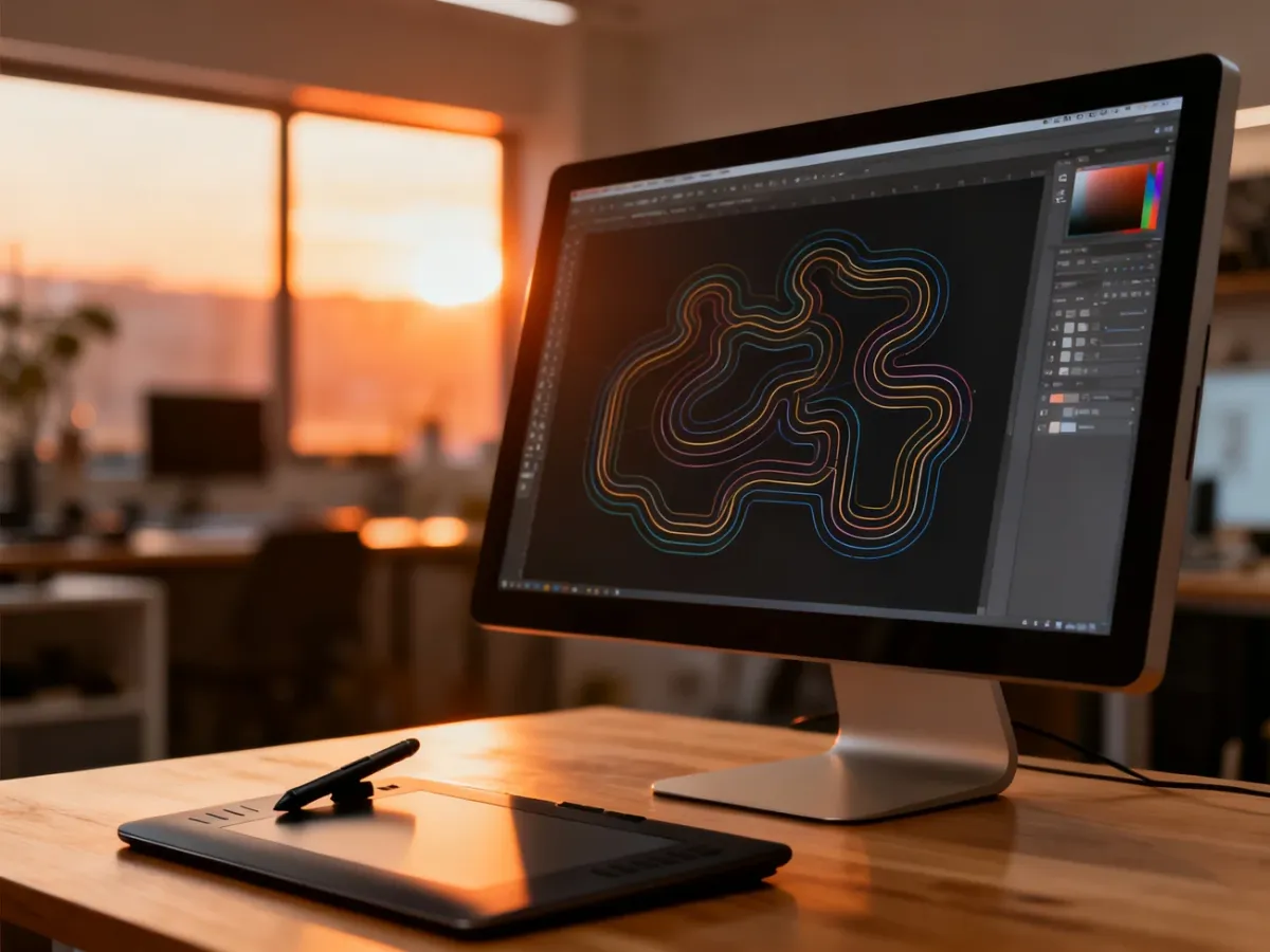 Stanowisko grafika z monitorem wyświetlającym grafikę wektorową w programie Illustrator oraz tabletem graficznym na biurku.