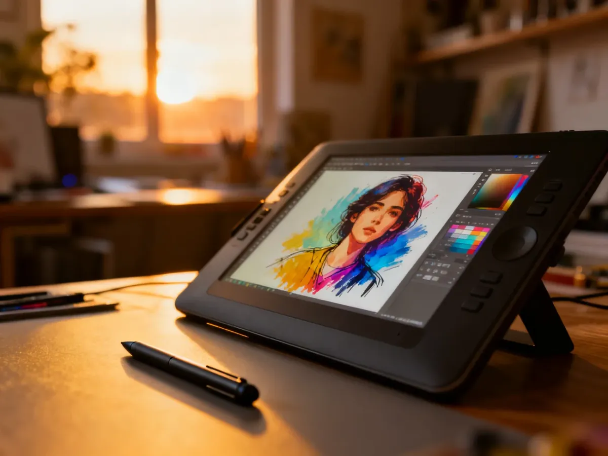 Profesjonalny tablet graficzny z rysikiem i otwartym projektem ilustracji w programie Krita na ekranie.