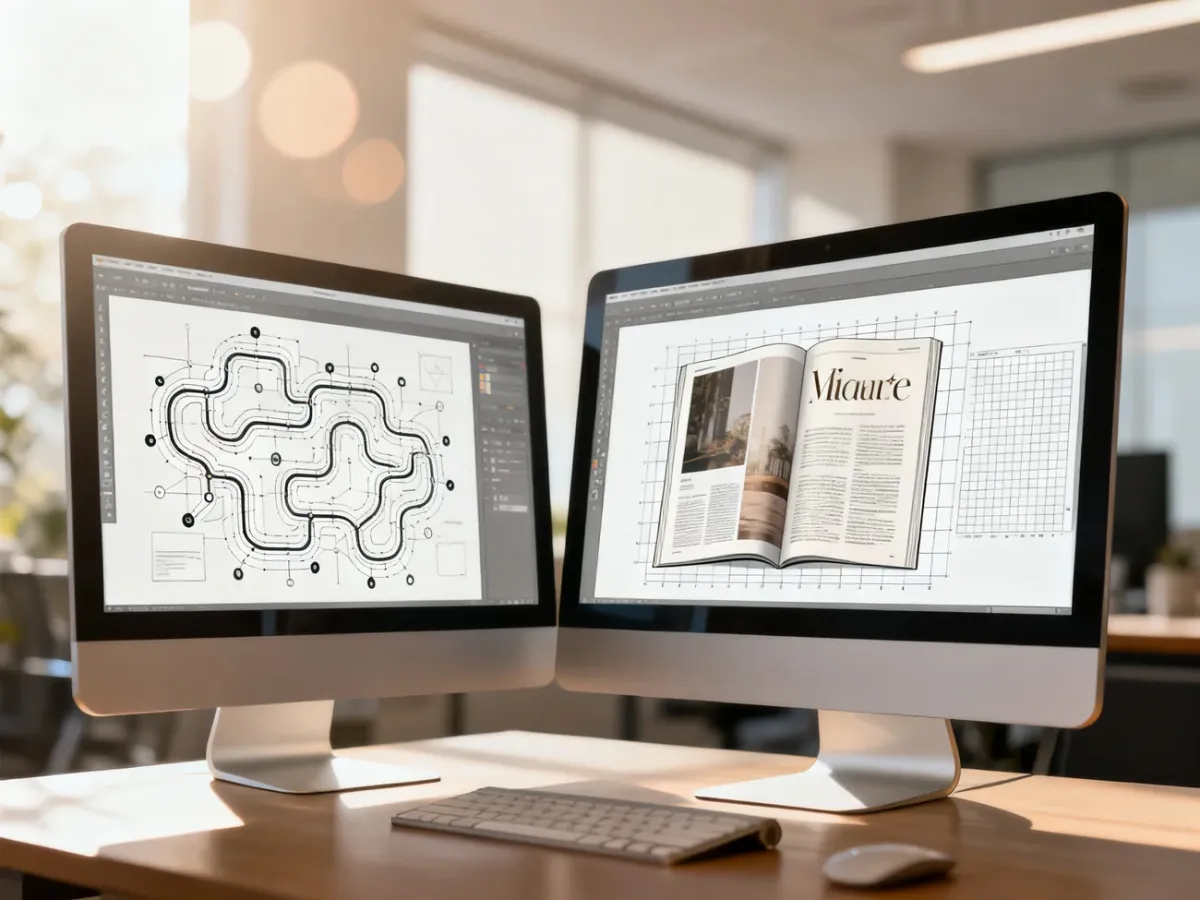 Dwa monitory: na jednym wektorowa grafika z Adobe Illustrator, na drugim skład publikacji w Adobe InDesign.
