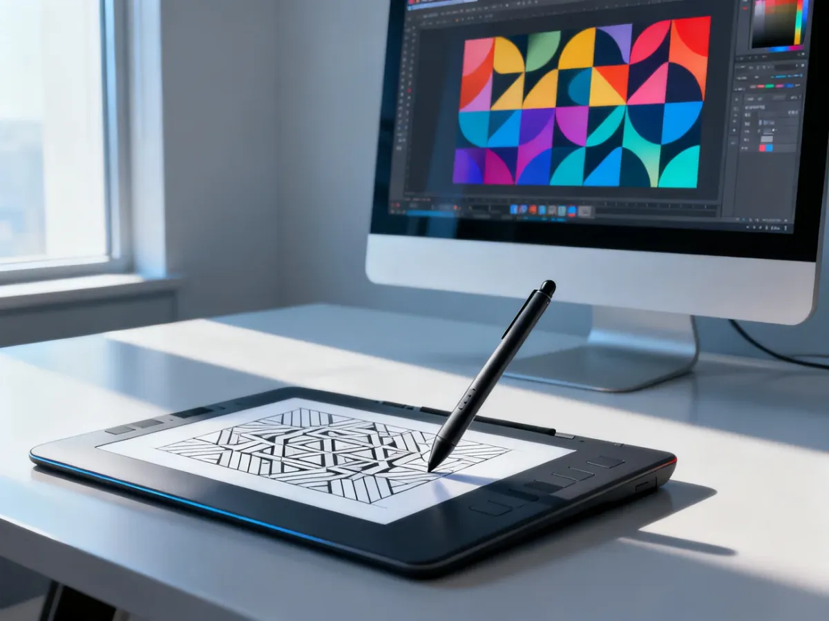 Stanowisko pracy grafika z tabletem i monitorem, na których widać proces tworzenia geometrycznego wzoru w programie.