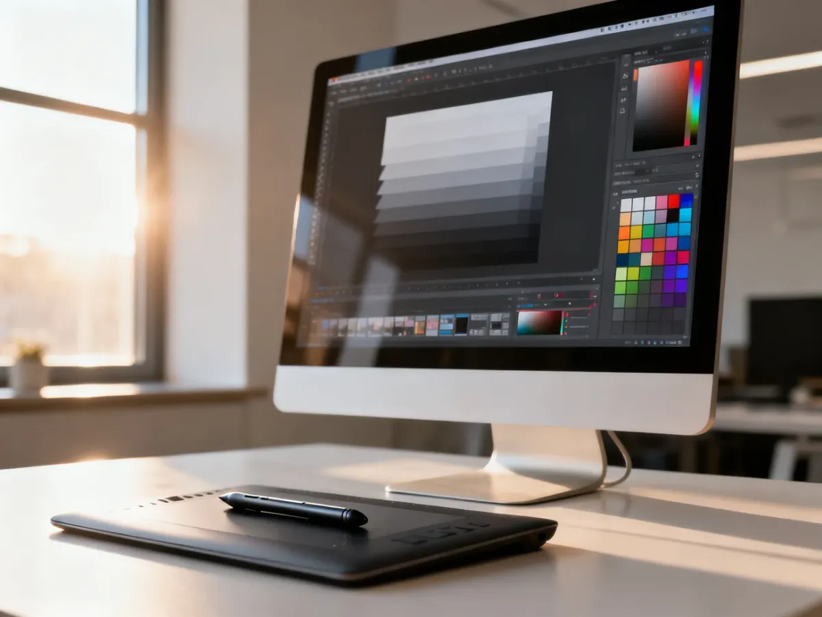Nowoczesne stanowisko pracy grafika z monitorem wyświetlającym interfejs programu Photoshop i tabletem graficznym.