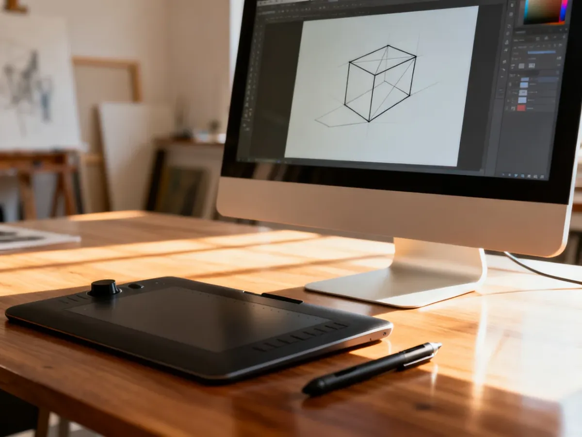 Stanowisko pracy z tabletem graficznym i otwartym programem Inkscape, gotowe do tworzenia grafiki wektorowej.