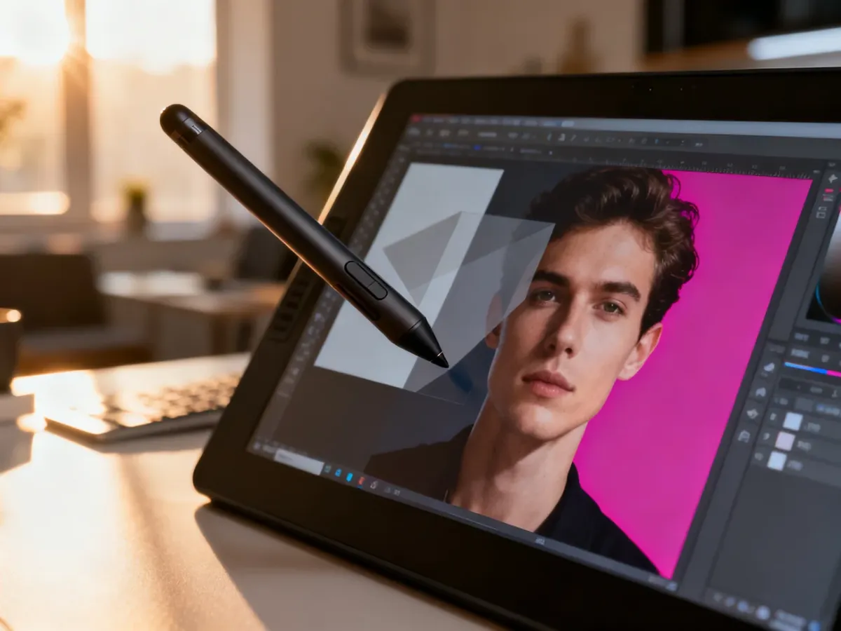 Grafik używający tabletu do edycji zdjęcia w programie GIMP, nakładający nowy kolor tła na wymaskowany obiekt.