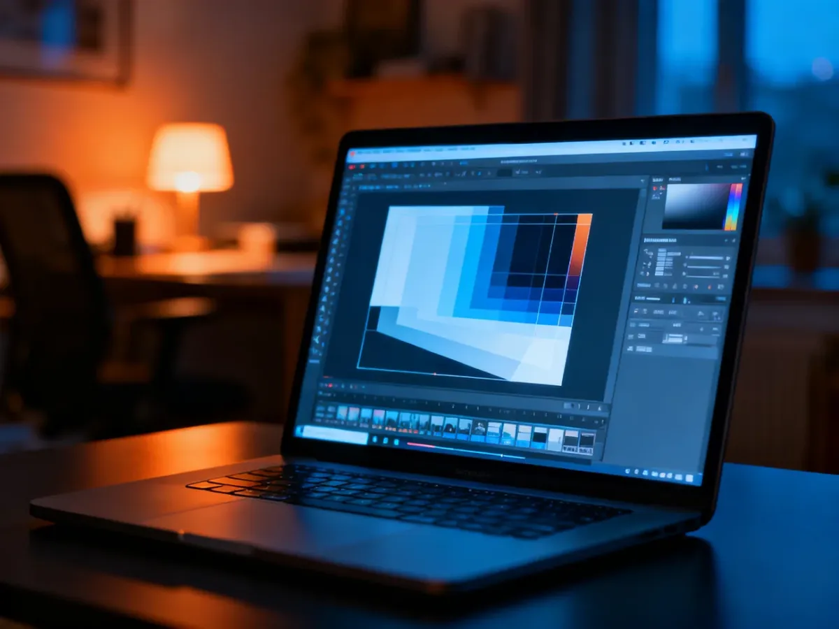 Nowoczesny laptop z otwartym programem graficznym na biurku w przytulnym, wieczornym domowym biurze.